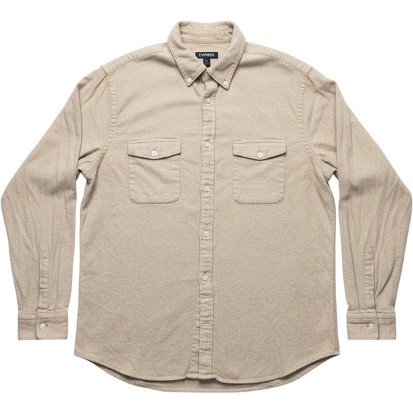 Express Other - Express Mens Tan Cotton Flannel Button Down Shirt Long Sleeve Size M Tan Khaki